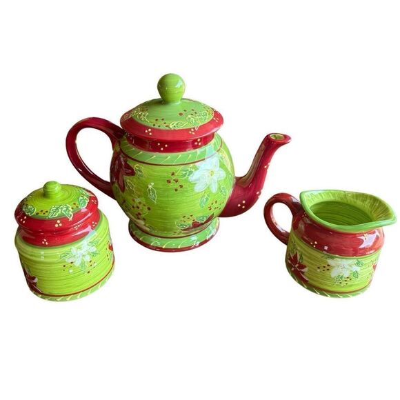 Holly Christmas 3 Pc Tea Set Romancing Provence Collections 2008 Creamer… - Picture 2 of 15